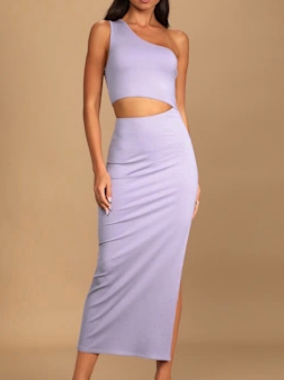 Lulus Spice things up Lavendar Ribbed one Shoulder Cutout Midi dress